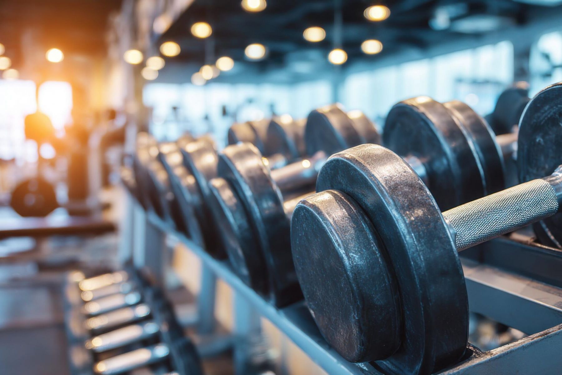 A row of black dumbbells on a rack in a well-lit gym with a blurred background.