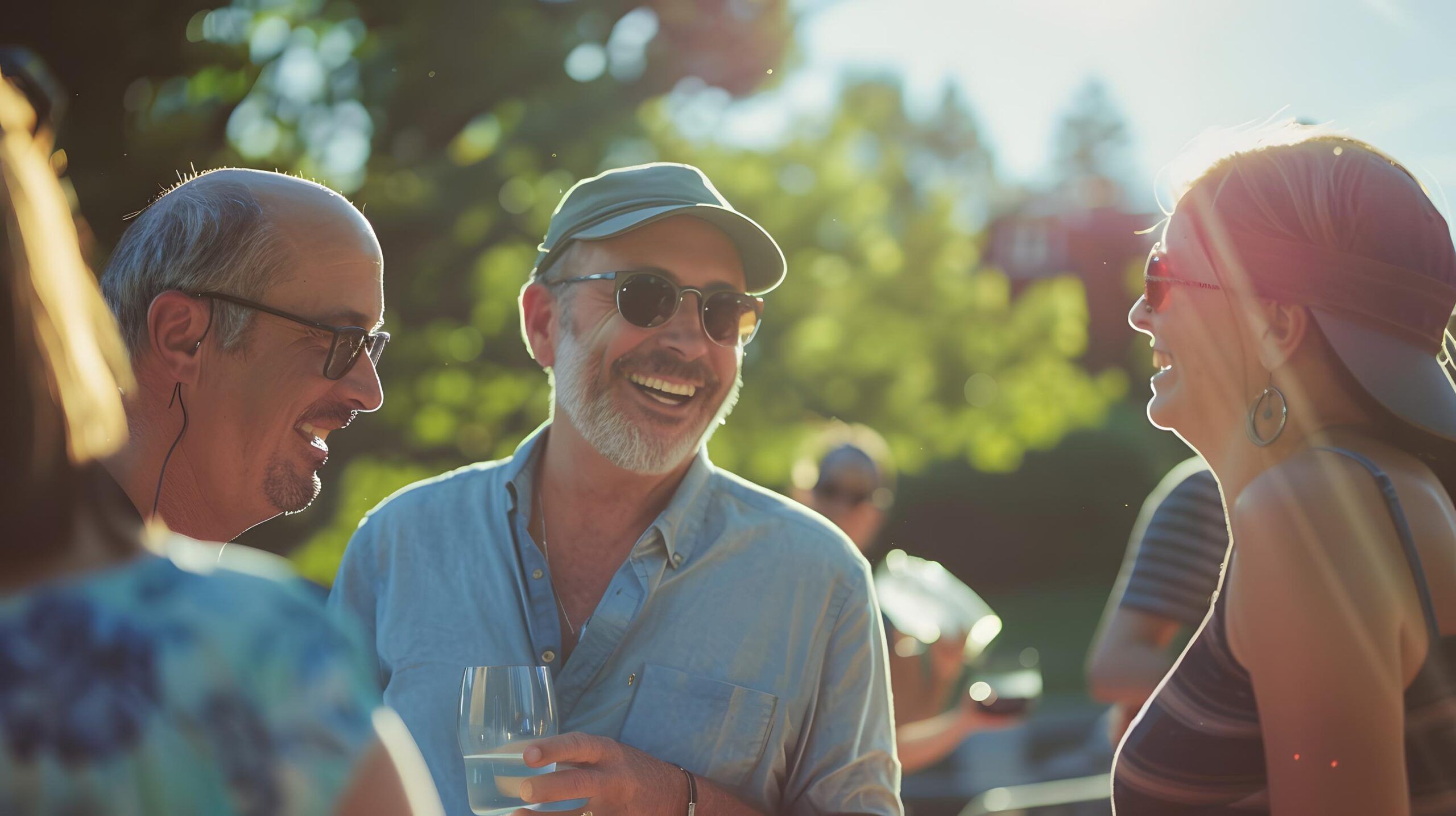 Three men outdoors, smiling and talking, one holding a drink, with sunlight and trees in the background.