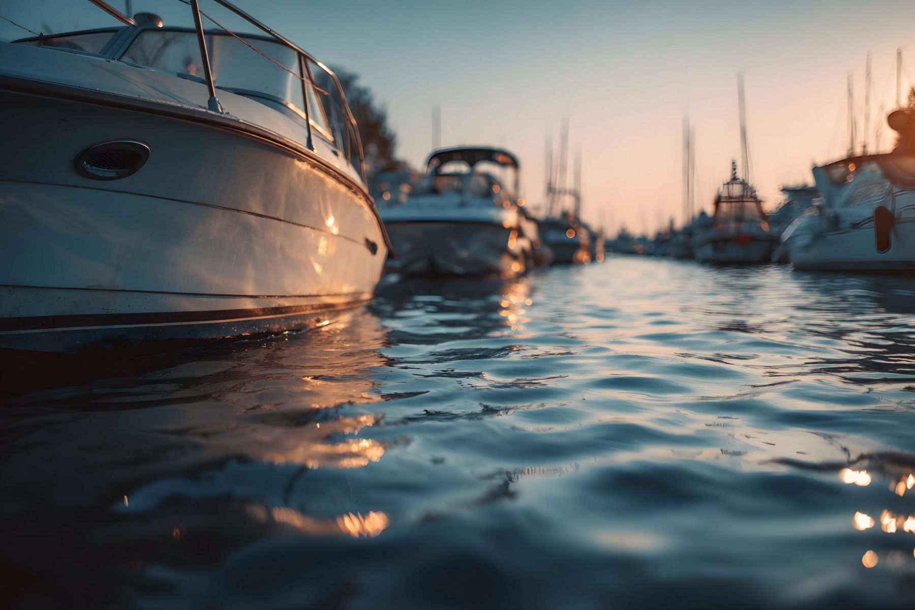 Boats docked on calm water at sunset, with soft light reflecting on the rippling surface.